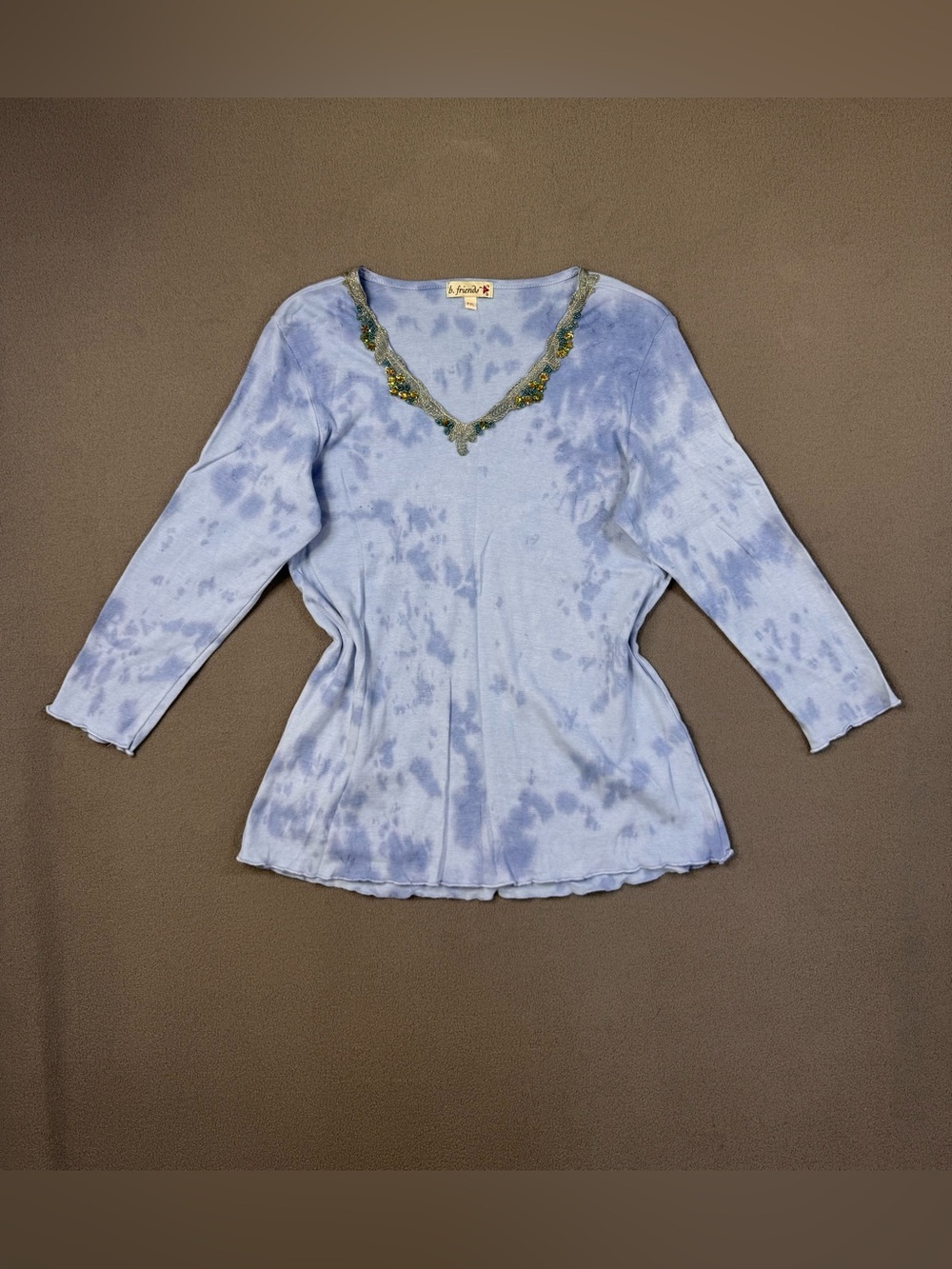 Y2K Vintage b. friends Deadstock Light Blue Tie-Dye V-Neck Fairycore Top, Medium
